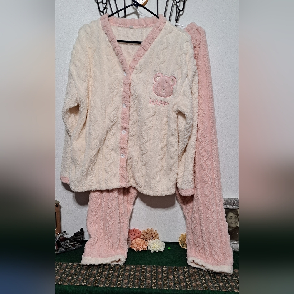 Womens Bear Pajama Set - Cream and Pink sz. L